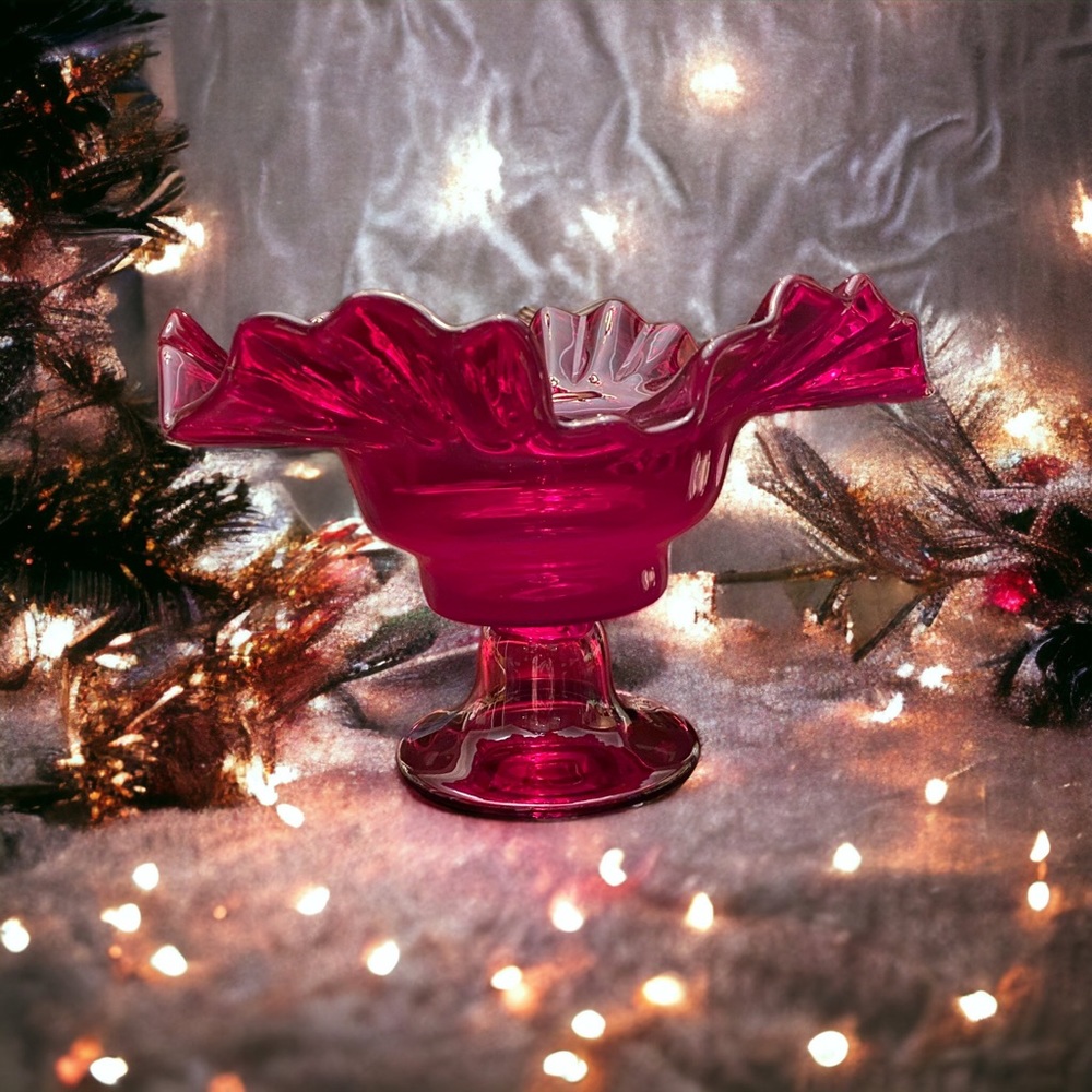 Vintage Fenton Ruby Red Thumbprint Glass Compote Ruffled Candy Dish